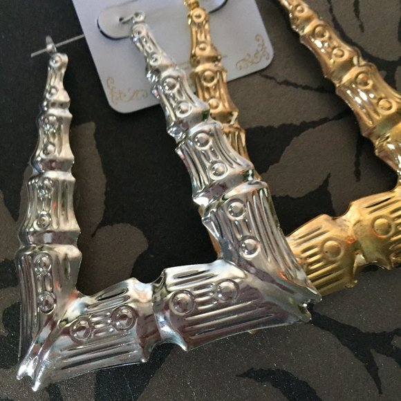 Statement Metal Bamboo Rectangular Hoop Ear Rings - Picture 4 of 8